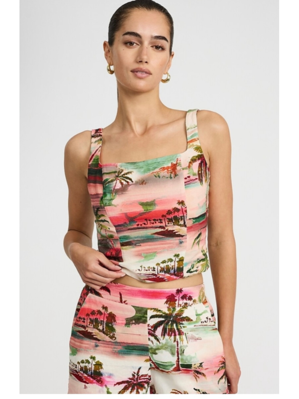 Express Tropical Print Crop Top, Size L, Pink and Green